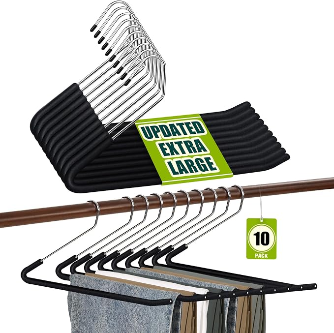 Spring Fever Open Ended Non Slip Sponge Padded Pants Hangers - Chrome Plating Foam Heavy Duty Space Saving Black Long 10 by SpringFever