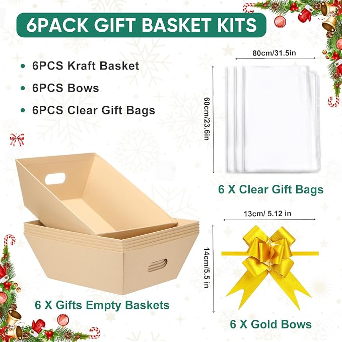 AFOROEOA 6PACK Baskets For Gifts Empty, 10x12”Thick Kraft Gift Basket with 6Bows 6Bags Empty Gift Baskets for Christmas, Valentine’s Day, Easter, Birthdays, Valentine’s Day Wrapping Gift - Image 3