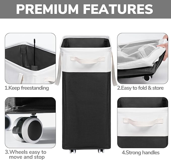 Goodpick Hamper with Wheels 75L 2-Pack, Tall Laundry Basket with Removable Wash Bags, Rolling Black Laundry Hamper for Corner Dorm, Large Collapsible Laundry Baskets - Image 4