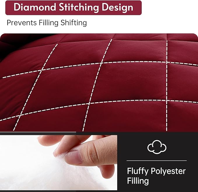 MUXHOMO 7 Pieces King Comforter Set, Reversible Bed in a Bag King Size, All Season Bedding Set with Comforter, Flat Sheet, Fitted Sheet, Pillowcases & Shams, Burgundy & Rose Gold