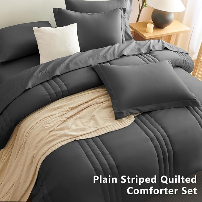 CozyLux Oversized King Comforter Set - 7 Pieces Bed in a Bag Dark Grey Comforter Set with Sheets All Seasons Bed Set, Soft Bedding Set with Down Alternative Comforter, Sheets, Pillowcases & Shams