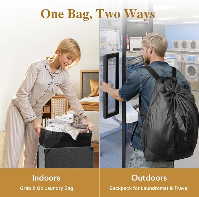 Foluck 60L 2-in-1 Laundry Hamper with Laundry Backpack, Waterproof Basket with Lid, Laundry Bag with Shoulder Straps and Mesh Pocket, Hamper for College Dorm, Travel, Apartment, Laundromat - Image 3