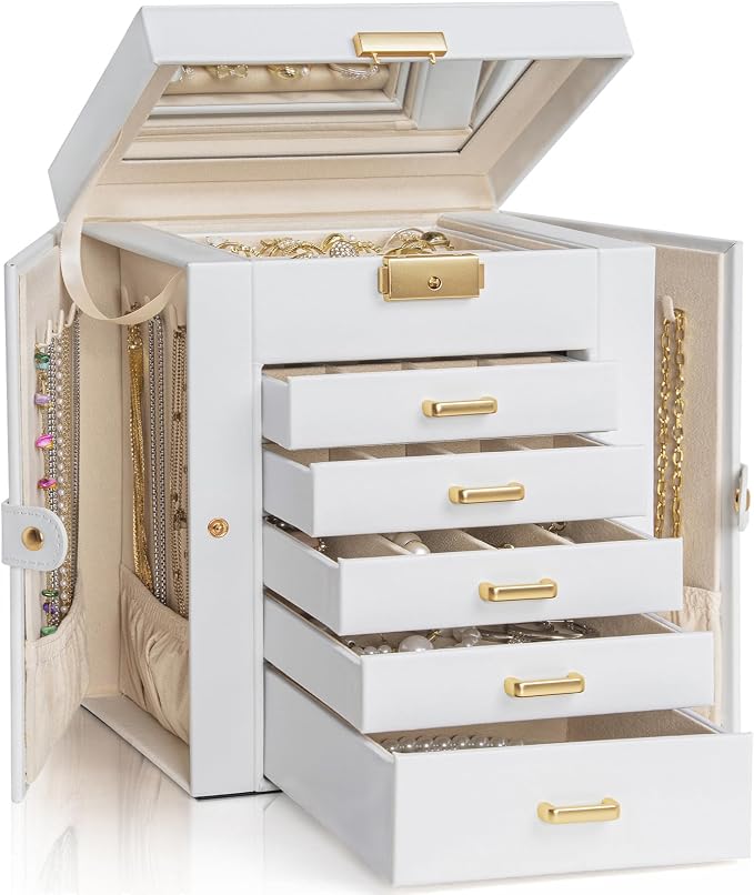 AKOZLIN 6-Tier Jewelry Box Lockable Leather Jewelry Storage Case with 5 Drawers for Women Girls Ring Necklace Earring Bracelet Holder Organizer with Mirror by AKOZLIN