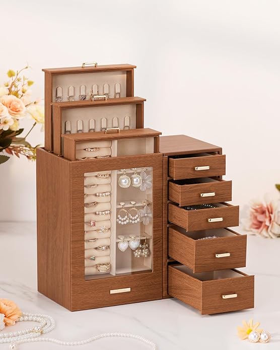 Homde Large Jewelry Box/Organizer/Case with Glass Window, Drawers for Necklaces Earrings Rings Bracelets Watches Gift for Women Girls - Image 7