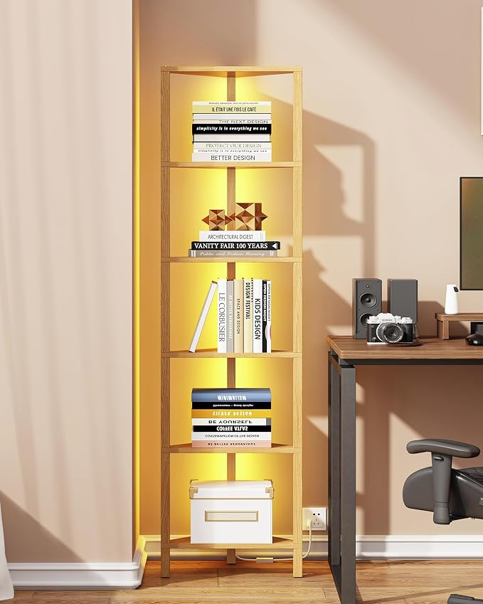 TUTOTAK Corner Shelf with LED Light, 6-Tier Corner Bookshelf for Small Space, Narrow Display Corner Shelf Stand with Storage Rack, for Living Room, Bedroom, Natural BS05BN006L by ChoosetutotakFurnitureBuildYourCozyHome