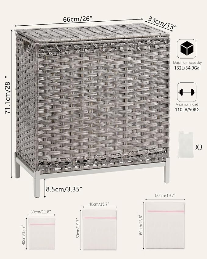 SETVSON Laundry Hamper with Lid 132 L, (35 Gallons) Clothes Hamper with Lid, Handwoven Rattan Laundry Hamper with Metal Heightened Feet, Laundry Hampers with 3 Removable Liner Bags for Laundry-Gray - Image 5
