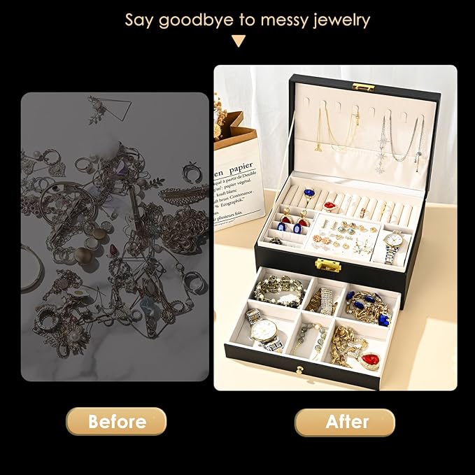 GUOER Jewelry Box for Women Girl Wife - Large PU Leather Jewelry Organizer Storage Case with Two Layers Display for Earrings Bracelets Rings Watches (Apricot) - Image 4