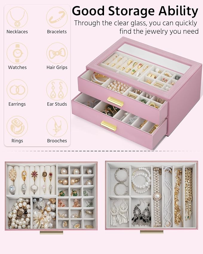 AKOZLIN Jewelry Box with Clear Lid Functional Leather Jewelry Storage Organizer Case 2 Drawers for Women Girls Necklace Ring Bracelet Earring - Image 4