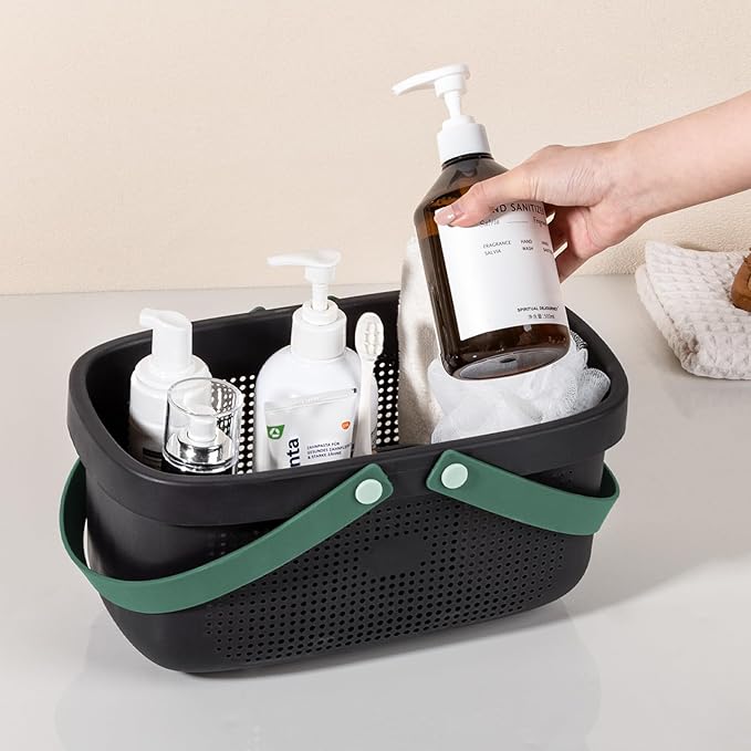 JiatuA Plastic Storage Basket with Handle Portable Shower Caddy Tote Organizer Basket Bin for Bathroom Kitchen Dorm Room Bedroom, Black Green - Image 6