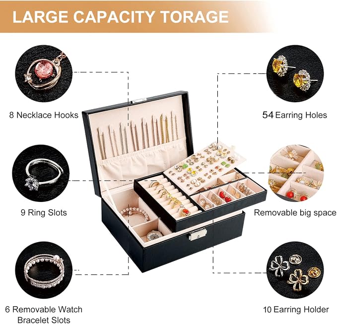 Jewelry Boxes for Women Girls 2 Layers leather Jewelry Organizer Case with Lock Storage Box Removable Tray for Necklace Earring Ring with Polishing Cloth and Jewelry Bags - Image 4