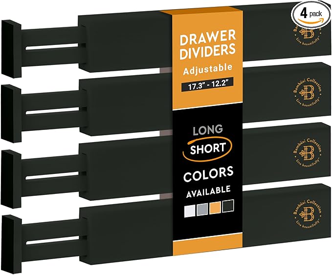 4-Pack Bamboo Drawer Dividers - 12.2 to 17.3 Inches Deep, 2.6 Inches High, Adjustable Expandable Drawer Organizer Dresser Separator for Clothes, Utensils, Kitchen, Bathroom, Office Storage, Black by Bamb%C3%BCsi