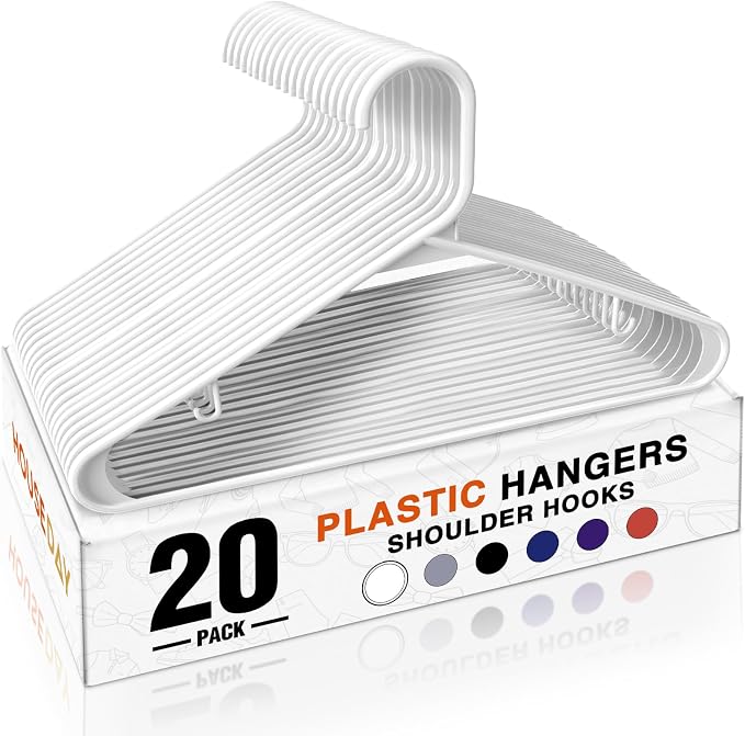 HOUSE DAY Plastic Hangers 20 Pack, Space Saving Clothes Hangers with Built-in Hooks, Durable & Strong Closet Organizers and Storage, Dorm Room Essential, Perfect for Shirts, Coat, Pants, Dress - White by HOUSEDAY