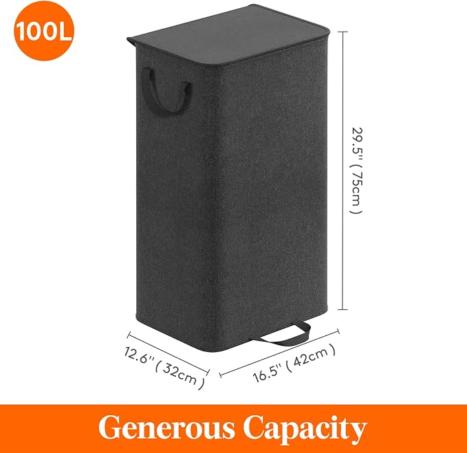 Lifewit Single Laundry Hamper with Lid and Removable Laundry Bags, Large Collapsible 1 Dividers Dirty Clothes Basket with Handles for Bedroom Laundry Room Closet Bathroom College, 100L Black - Image 5