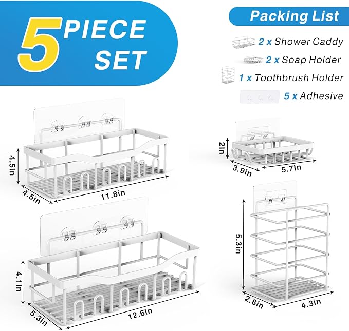 EUDELE 5-Pack Rustproof Stainless Steel Shower Caddy Set– No Drill Adhesive Bathroom Organizer, Space-Saving Shower Shelves for Apartment Essentials, Bathroom/Kitchen Storage Home Decor-L Size - Image 7