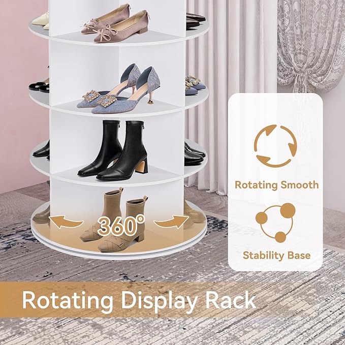 Rotating Shoe Rack Tower, 7 Tier 28 Pairs Large Shoe Storage Organizer, Space-Saving Free Standing Shoe Racks, 360° Revolving Round Shoe Rack for Closet Handbag Display, White - Image 5