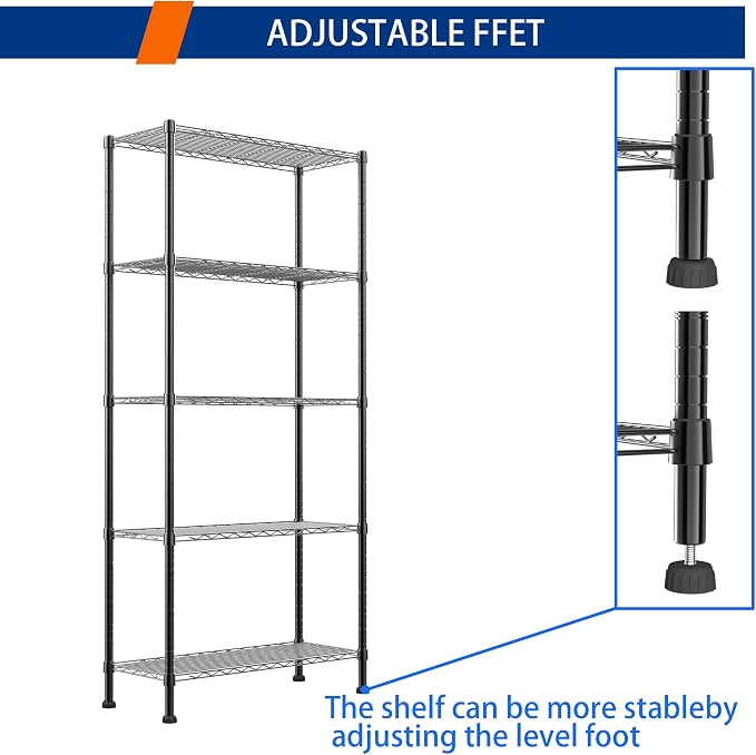 REGILLER 5-Wire Shelving Metal Storage Rack Adjustable Shelves,Standing Storage Shelf Units for Laundry Bathroom Kitchen Pantry Closet(Black,14.1" D x 30" W x 79" H) - Image 6