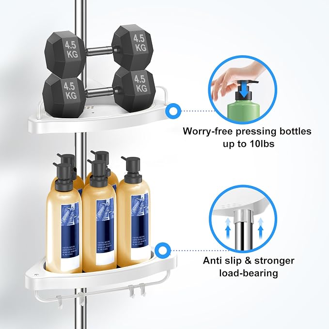 HAMITOR Corner Shower Caddy Tension Pole: Adjustable Stainless Steel Shower Organizer with 4 Tier Shelf for Bathroom Bathtub Tub Shampoo - Floor Standing Rack Bath Storage Holder with Rust Proof Rods - Image 3