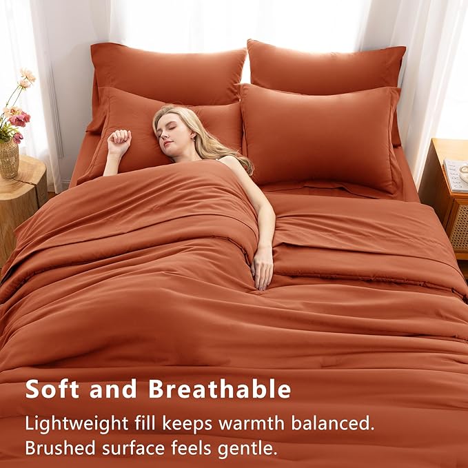 CozyLux King Size Comforter Set Burnt Orange, 7 Pieces Fall Bed in a Bag King Comforter Set with Sheets, Terracotta Luxury Soft Bedding Set with Down Alternative Comforter, Sheets, Pillowcases & Shams