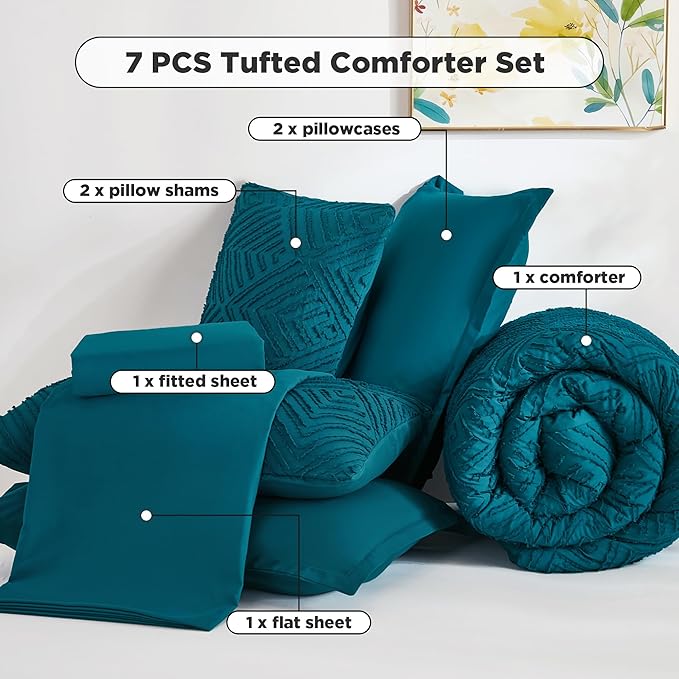Andency Oversized Queen Comforter Set 7 Piece Teal - Bed in a Bag Oversized Queen Boho Lightweight Fluffy Tufted Bedding Sets with Comforter, Sheets, Pillowcases & Shams