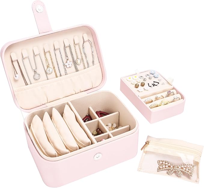 2 Layer Portable Jewelry Box, Large Jewelry Travel Case with 4 Jewelry Pouches, Medium Size Jewelry Organizer Box for Earrings, Necklaces, Bracelets (light pink) by Unknown
