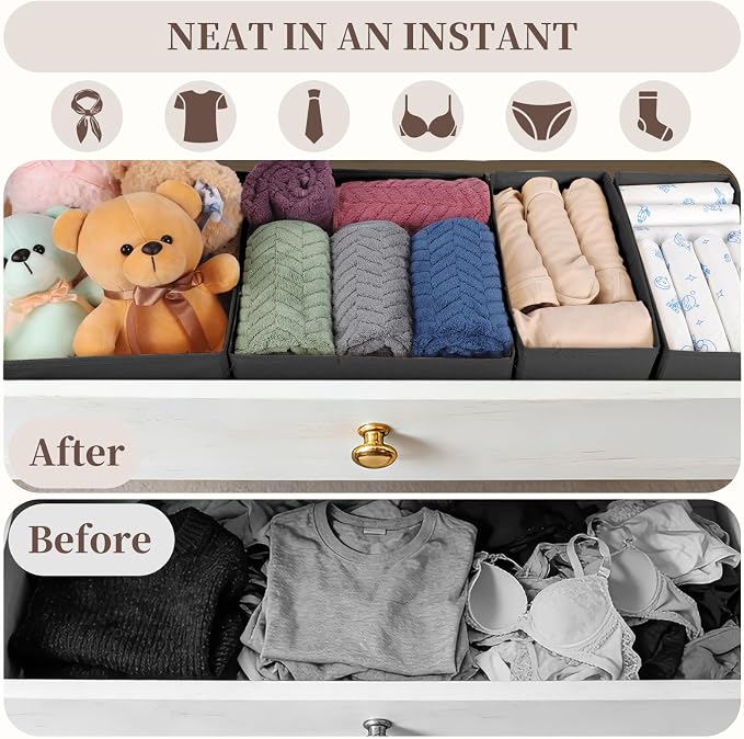 Drawer Organizer Clothes, 16 Pack Dresser Organizer Bins, Foldable Closet Organizers and Storage Fabric Dresser Bins, Shallow Drawer Dividers for Clothing, Underwears, Socks, Tie - Image 3