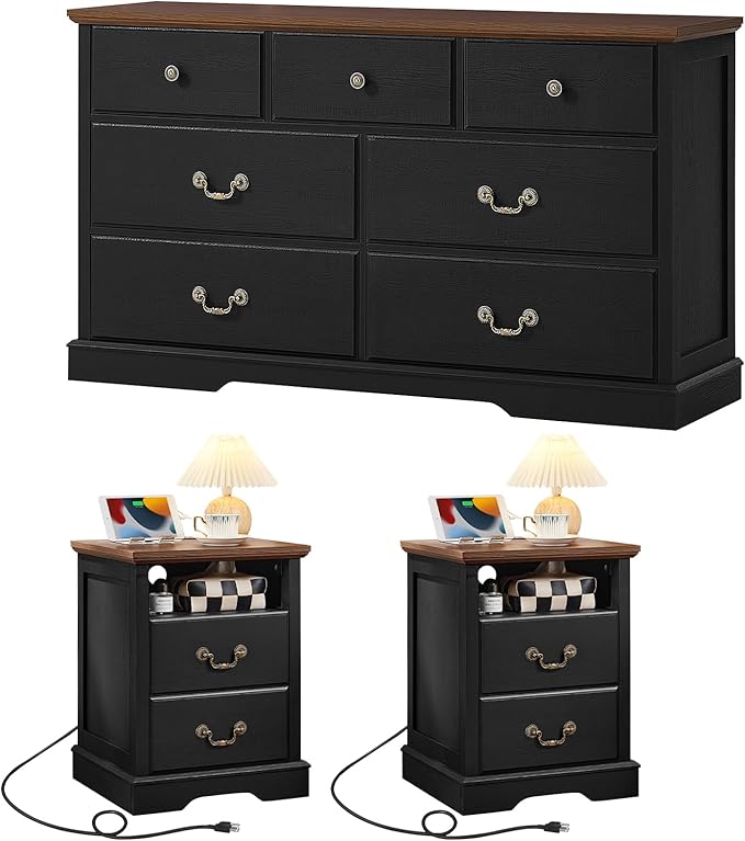 Farmhouse Dressers & Night Stand Set of 3,54" Wide 7 Drawer Dresser,18" Wide 2 Drawers End Table with Charging Station Set of 2,Furniture Dresser Sets for Home Black