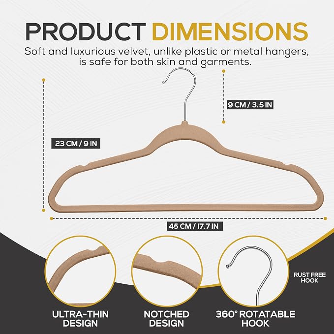 Techzoo 50 Pack New Premium Quality Velvet Hangers Ultra Thin Non Slip Adult Felt Space Saving Hangers for Closet Heavy Duty Coat Pants Dress Hangers 360° Swivel Hook Hold Upto 10 lbs Warm Taupe - Image 2