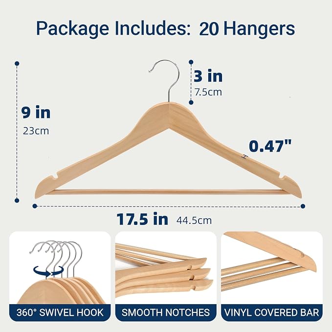 Amber Home 20 Pack Wooden Coat Hangers, Natural Wood Suit Hangers with Non-Slip Pant Bar, Clothes Hangers for Closet Organization, Shirts, Jackets, Dresses, and Pants (Natural, 20) - Image 2