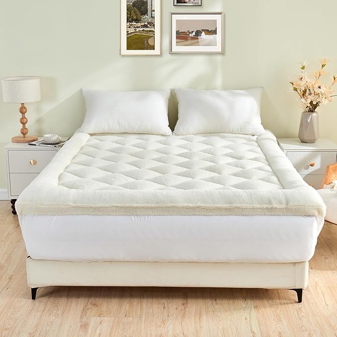 Mattress Topper Twin XL for Back Pain Thick Mattress Pad Cover Sherpa Plush Pillow Top Down Alternative Fill Mattress Cover with 8-22 Inch Deep Pocket