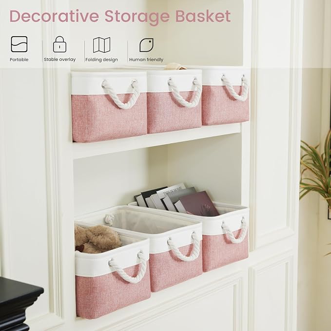 Storage Baskets for Shelves 13.8x9.8x6.7 Inch, Foldable Fabric Storage Bins with Handles, Small Storage Baskets for Organizing Closet, Office, Home Organization (1-Pack, White&Pink) - Image 5