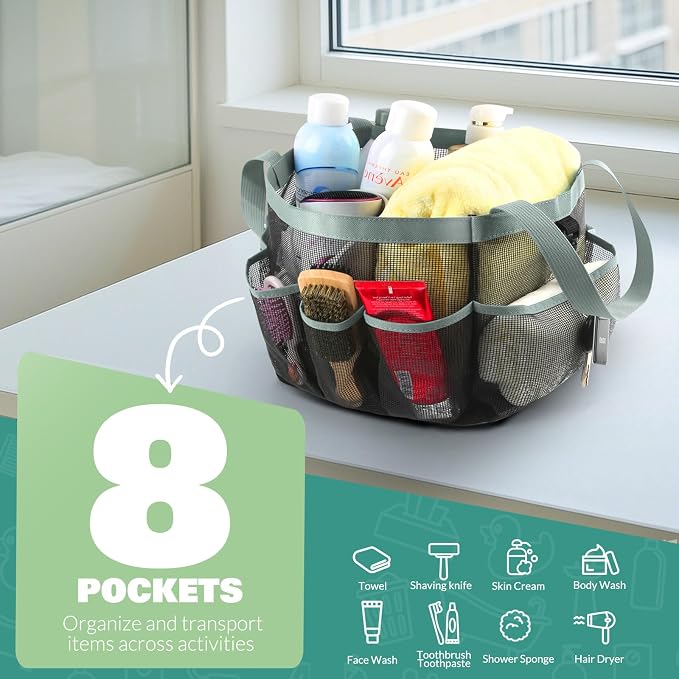 LOYEE Mesh Shower Caddy Portable for College Dorm Room Essentials with 8 Pockets,Shower Bag for Beach,Swimming,Gym,Travel,Bathroom(Grey) - Image 3