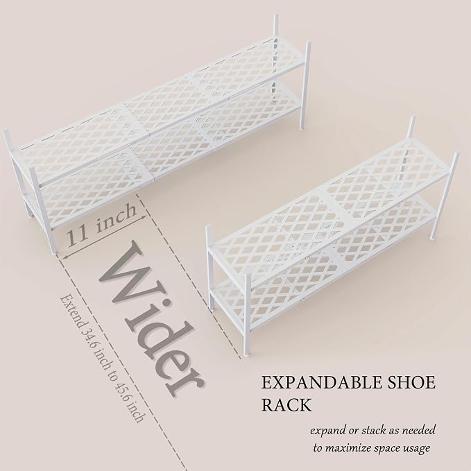 Shoe Rack, Expandable Shoes Organizer Metal Shelf Stand, 2 Tier Stackable Long Shoe Storage Holder For Closet, Floor, Entryway, Garage, Bedroom, Door Entrance For 12-18 Pairs, 45.6 inches White - Image 4