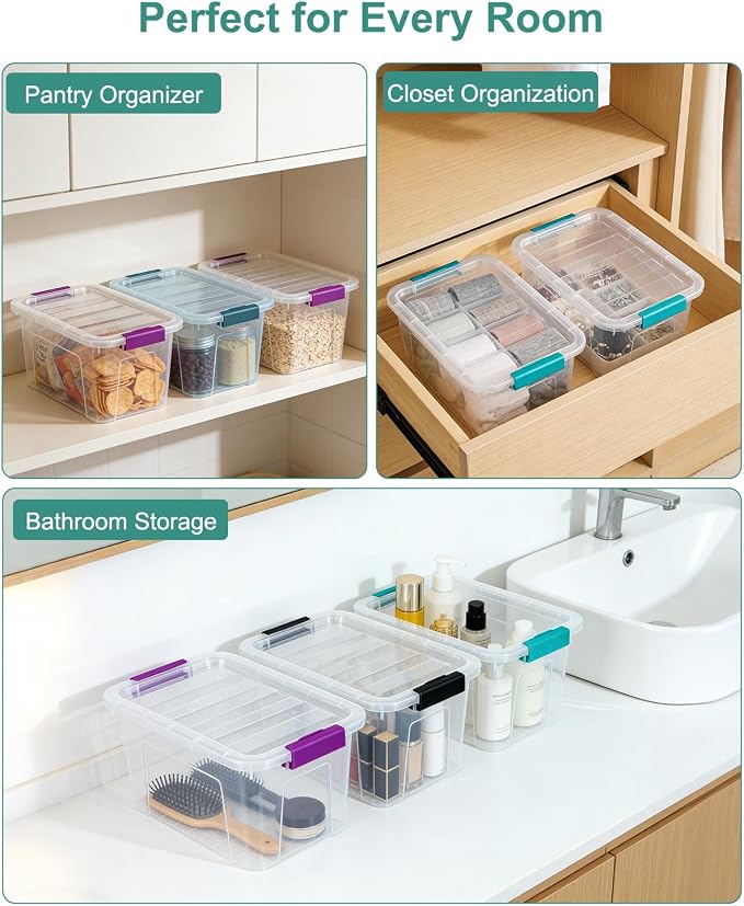 EOENVIVS Clear Storage Bins with Lids 6 Pack, 7 Qt Stackable Storage Containers with Buckle Lock, Durable Plastic Containers & Storage Box Organizer for Pantry, Bathroom, Closet & Office Use - Image 5