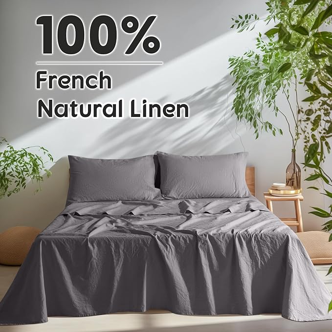 SONORO KATE 100% French Pure Linen Sheets, Extra Deep Pocket up to 18"-24", Breathable and Durable Linen Sheets, Anti-Tear Linen Bed Sheets, Machine Washable - 4 Piece (Dark Grey, King(24" deep))