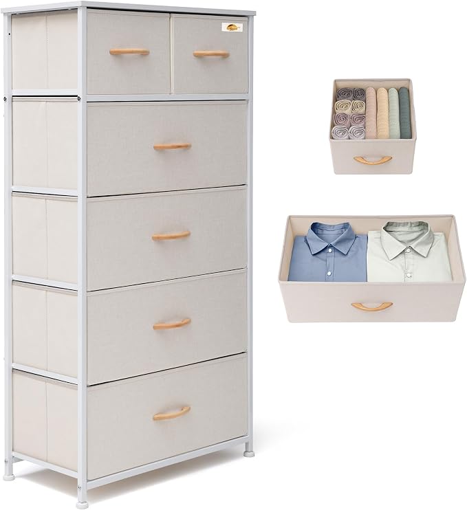 Fabric Dresser for Bedroom, Tall Skinny Dresser with 6 Drawers, Storage Organizer Tower, Steel Frame Wooden Top for Closet, Living Room, Hallway(Beige) by VredHom