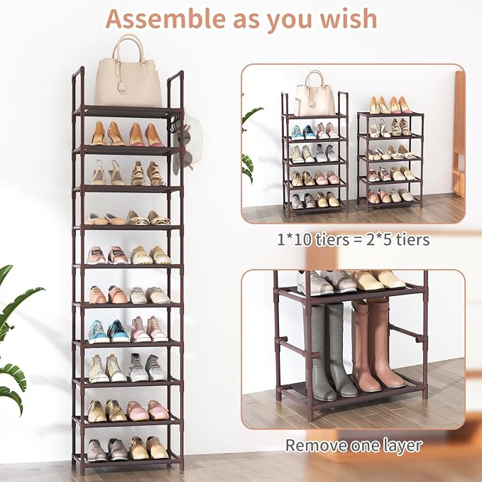 LANTEFUL 10 Tiers Tall Shoe Rack 20-25 Pairs Boots Organizer Storage Sturdy Narrow Shoe Shelf for Entryway, Closets with Hooks, Brown - Image 5