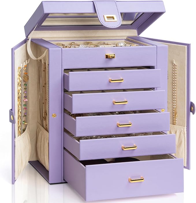 AKOZLIN Large Jewelry Box Organizer Functional with Big Mirror, Leather Jewelry Storage Case for Women Girls Ring Necklace Earring Bracelet Holder Organizer Violet by AKOZLIN