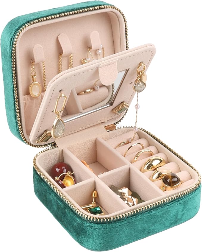 OceeK Plush Velvet Jewelry Box,Travel Jewelry Case and Organizer with Mirror,Jewelry Box for Women Girls,Green,1 Pack by OceeK