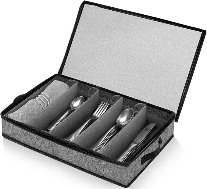 Silverware Organizer Chest,Silverware Storage Box,Stackable Flatware Storage Case,Spoon Organizer,Tableware Storage Box With 4 Dividers for Moving Transport,Kitchen Utensil cutlery Organizer by OURUER