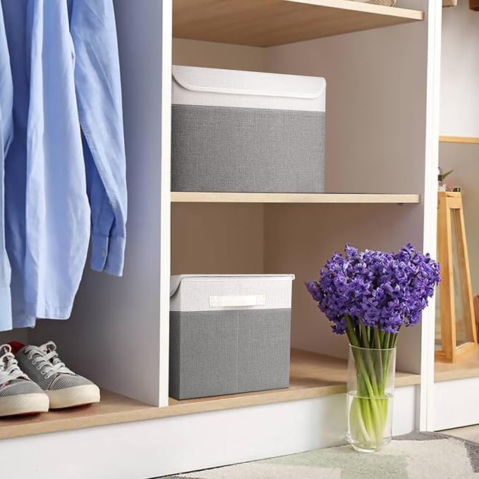 Bagnizer Large 22 Quart Linen Fabric Foldable Storage Bin Cube Organizer Basket with Flip-Top Lid & Handles, Clothes Blanket Box for Home, Office, Closet, Gray & White, 4 Pack 14.6 x 9.5 x 9.5” - Image 7