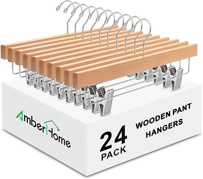 Amber Home 24 Pack Natural Wooden Pants Hangers with Clips, Wood Skirt Hangers Trouser Hangers for Jeans, Slacks, Shorts with 2-Adjustable Clips by AmberHome