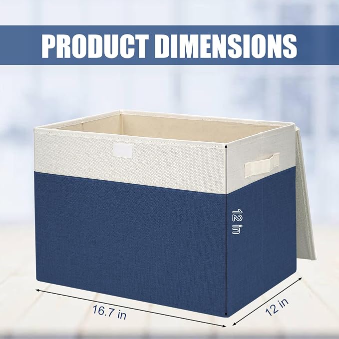 Large 17" 42 Quarts Collapsible Stackable Storage Bins with Lids [3-Pack] Foldable Fabric Linen Storage Boxes Cube, Closet Organizer Baskets with Label for Home (16.7 x 12 x 12", Navy Blue & White) - Image 2