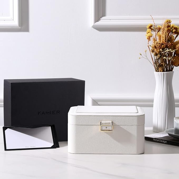 KAMIER Travel Jewelry Box, 2 Layers PU Leather Portable Jewelry Organizer, Large Capacity, Double Lock and Large Mirror, Hidden Necklace Hooks, Removable Dividers, Gift Box Packaging, White - Image 4