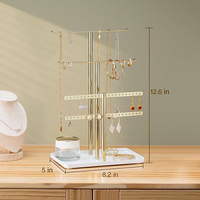 pickpiff Jewelry Stand Holder Organizer: 12.5" Sturdy Hanger for 80 Pcs Jewelry, Jewlery Tower for Display Necklace, Earring, Bracelet, Watch, Mirrored Gold - Image 4
