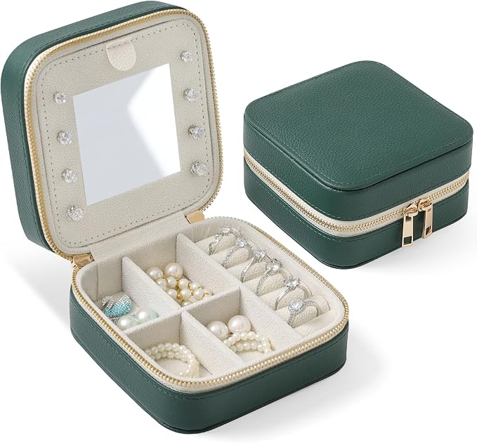 Genuine Leather Travel Jewelry Organizer Case with Mirror for Women, Small Mini Portable Jewelry Box for Ring Earrings Necklace Bracelet Luxury Gift for Women（Dark Green） by NGVRC