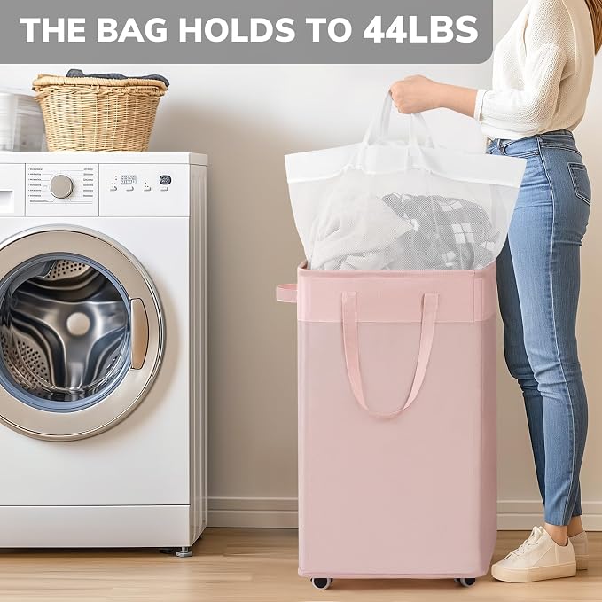 Goodpick Pink Laundry Basket with Wheels, Dorm Room Essentials for Girls, 75L Collapsible Laundry Basket, Laundry Hamper with Handle for College Dorm - Image 6