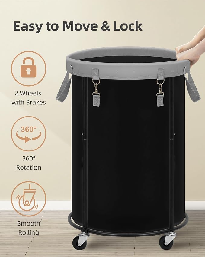 STORAGE MANIAC Rolling Laundry Hamper with Wheels 110L Laundry Basket, Round Laundry Cart with Metal Frame and Removable Bag, Clothes Hamper for Bedroom, Bathroom, Dorm Room, Laundry Room, Black - Image 4