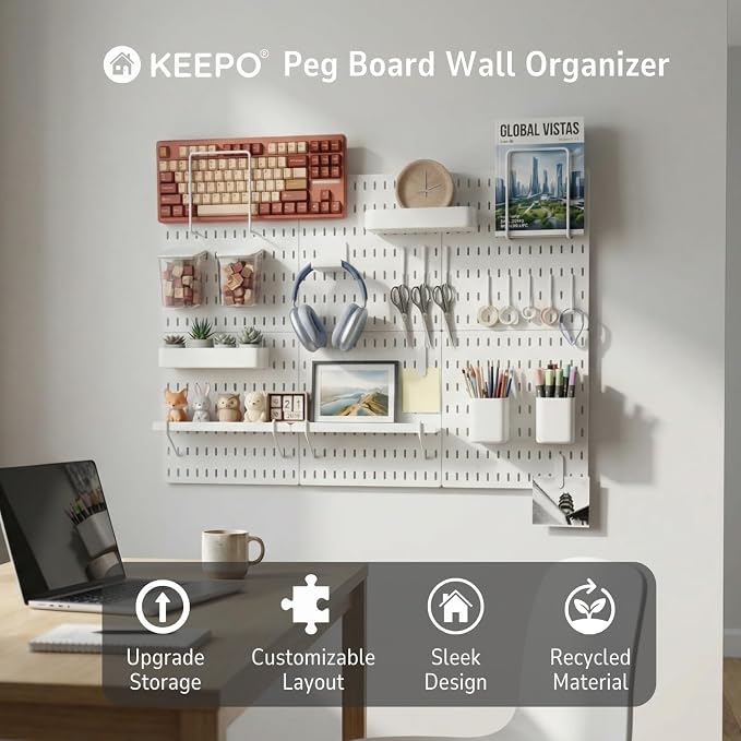Keepo Peg Board Wall Organizer – Plastic Pegboard Panels, Modular Peg Board Storage System for Home Office, Craft Room, Gaming Setup (White, 33″×22″) - Image 2