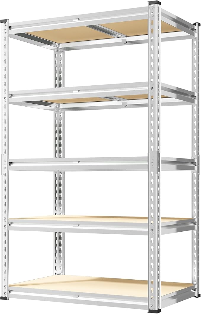 REIBII 2000LBS Storage Shelves 5 Tier Garage Shelving Heavy Duty Metal Shelving Adjustable Garage Shelves for Pantry Closet Kitchen Basement 28" W x 13.8" D x 59.8" H, Silver by REIBII