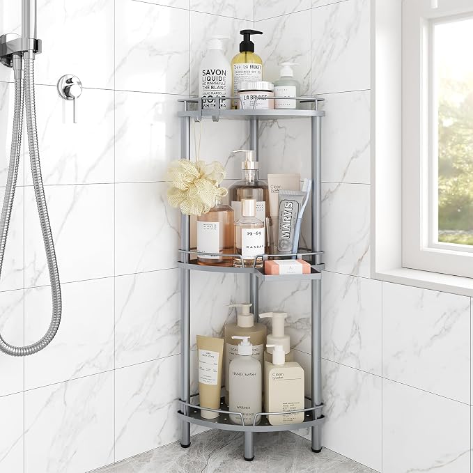 ELYKEN Corner Shower Caddy Standing, 3 Tier Rustproof Metal Shower Organizer with Soap Holder, Floor Shower Corner Shelf Rack Storage Stands with Adjustable Feet & 2 Hooks for Bathroom, Silver by ELYKEN